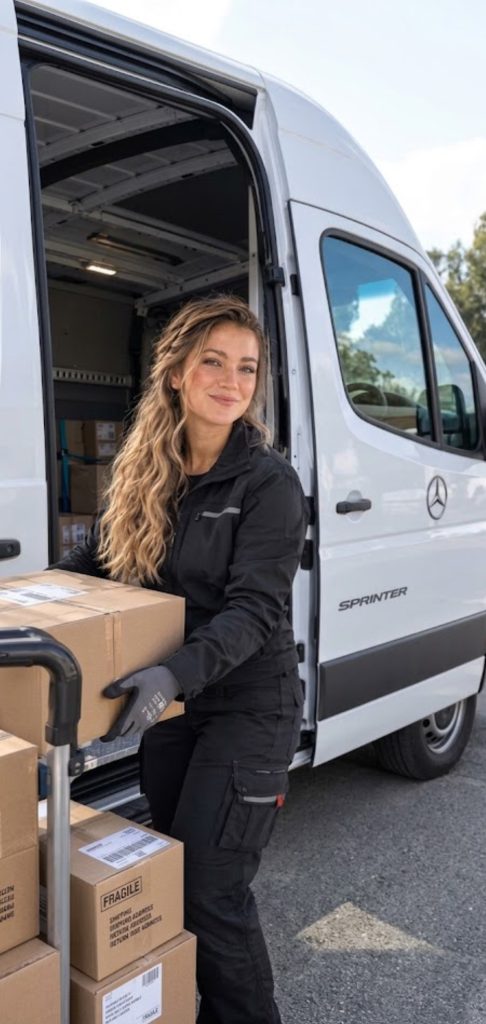 Mujer transportando paquetes junto a una furgoneta blanca.